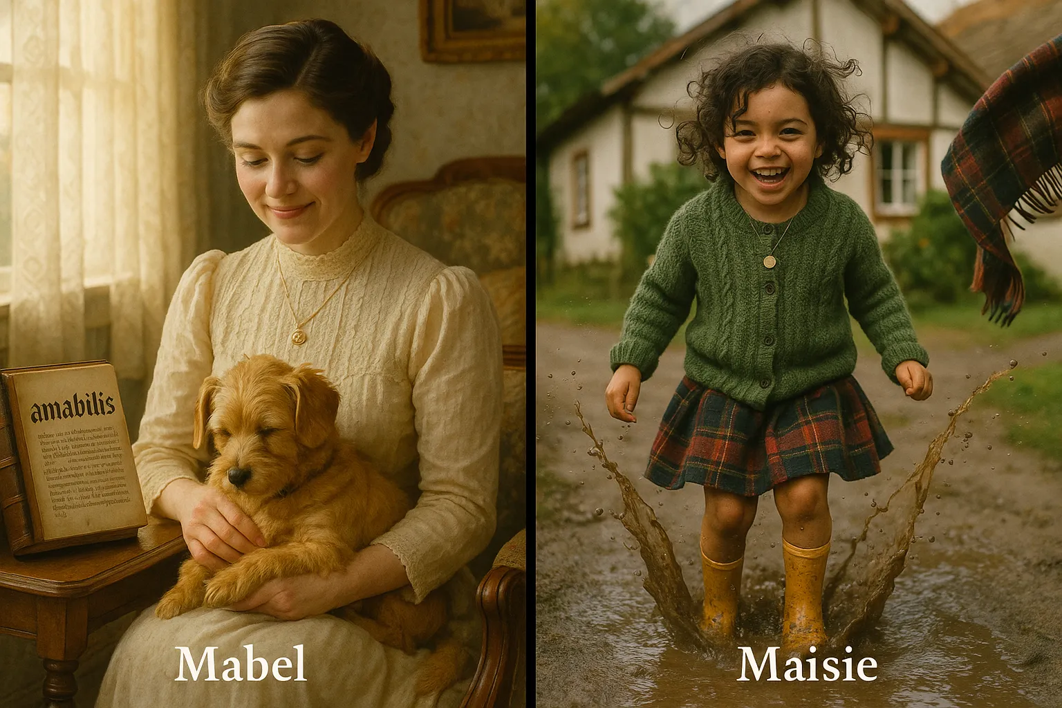 Two-panel image: warm Victorian woman with dog and playful girl splashing in puddle.