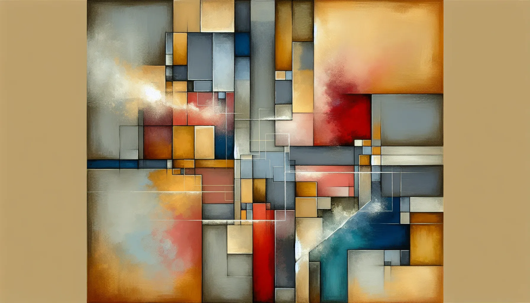 Fractured geometric shapes and flowing washes suggesting rupture and negotiation.