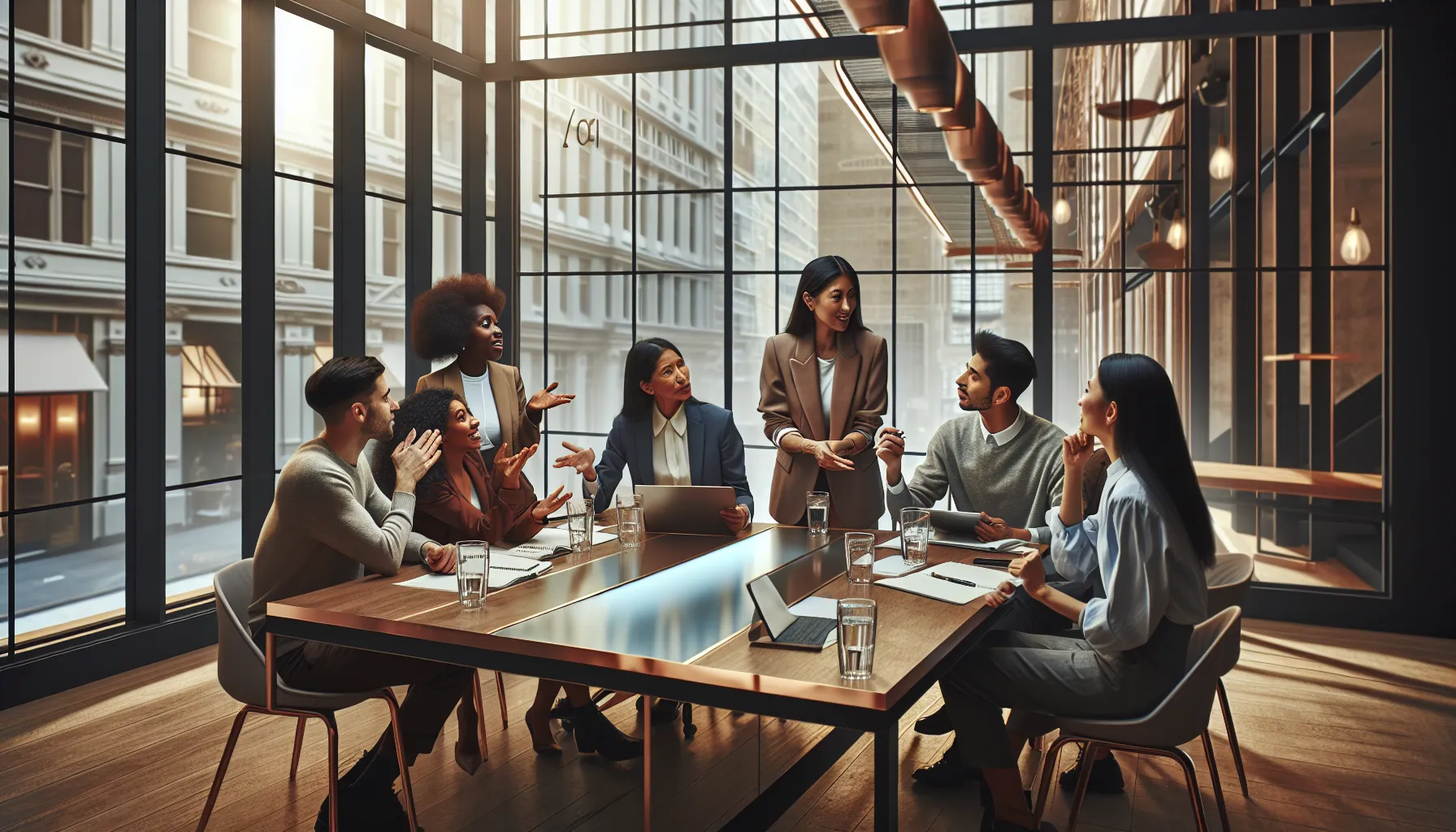 diverse professionals discussing a unique term in a modern office.