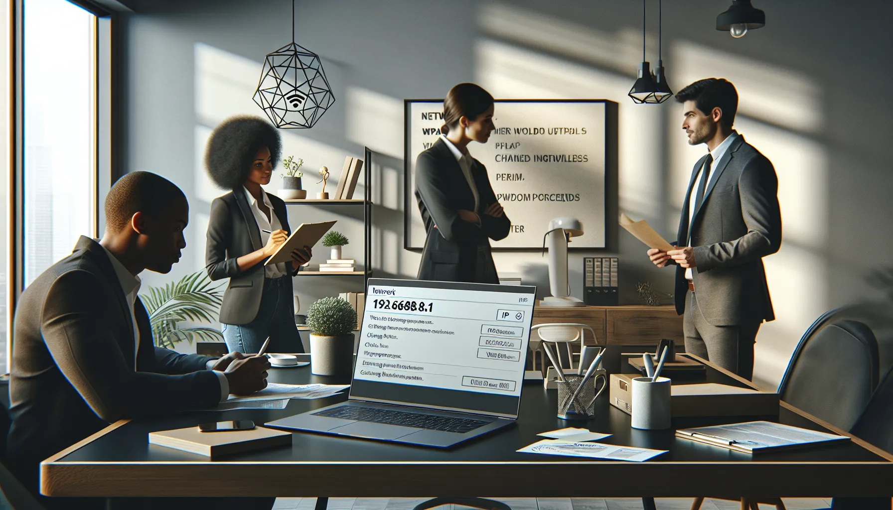 professionals discussing network security in a modern office.