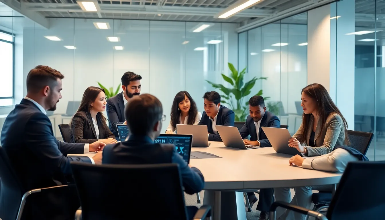 diverse team collaborating on tech projects in a modern office.
