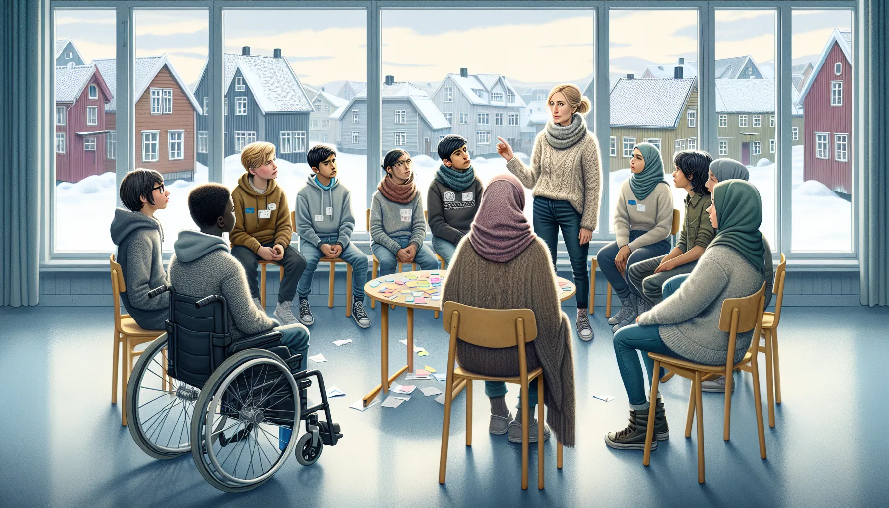 Norwegian teacher and diverse students in a circle planning an inclusive classroom together.