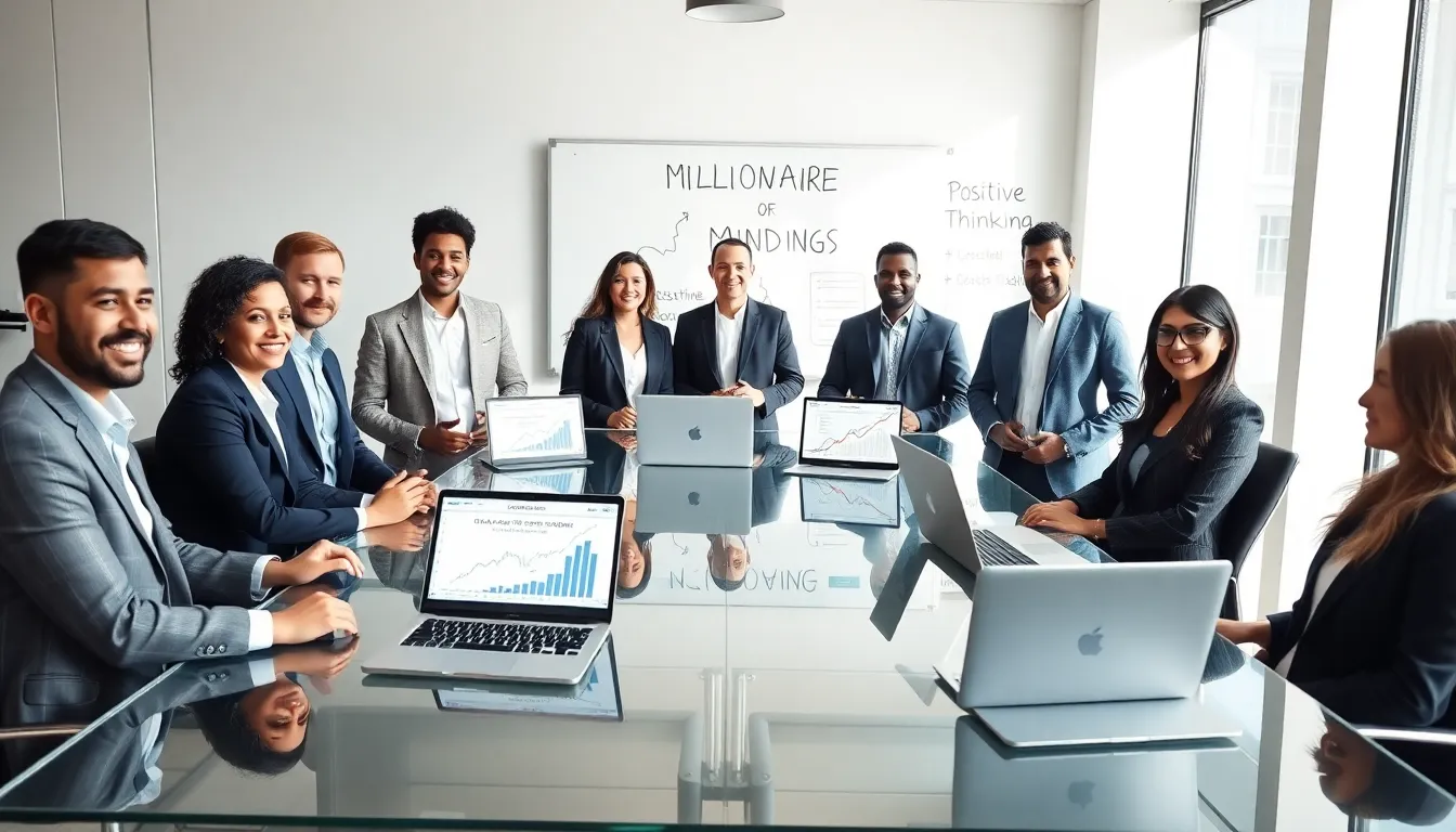 diverse professionals discussing millionaire mindset in a modern office.