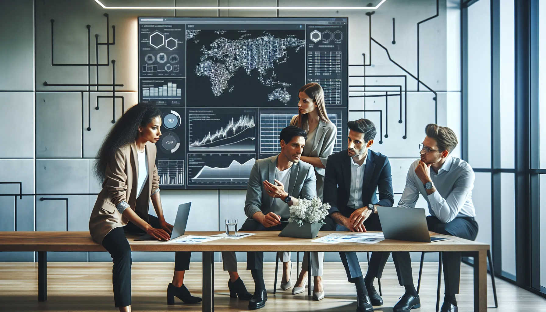 diverse team discussing inventory data in a modern office.