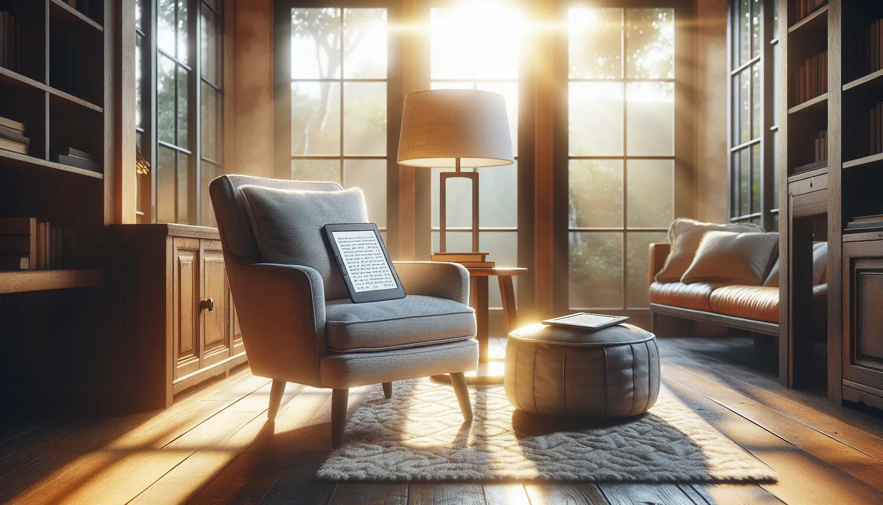 Two Kindle models displayed in a cozy living room setting.