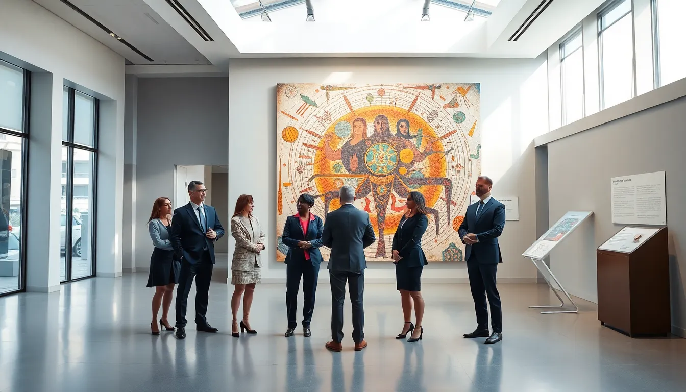 diverse group discussing an artwork on Adonamazzara in a modern gallery.