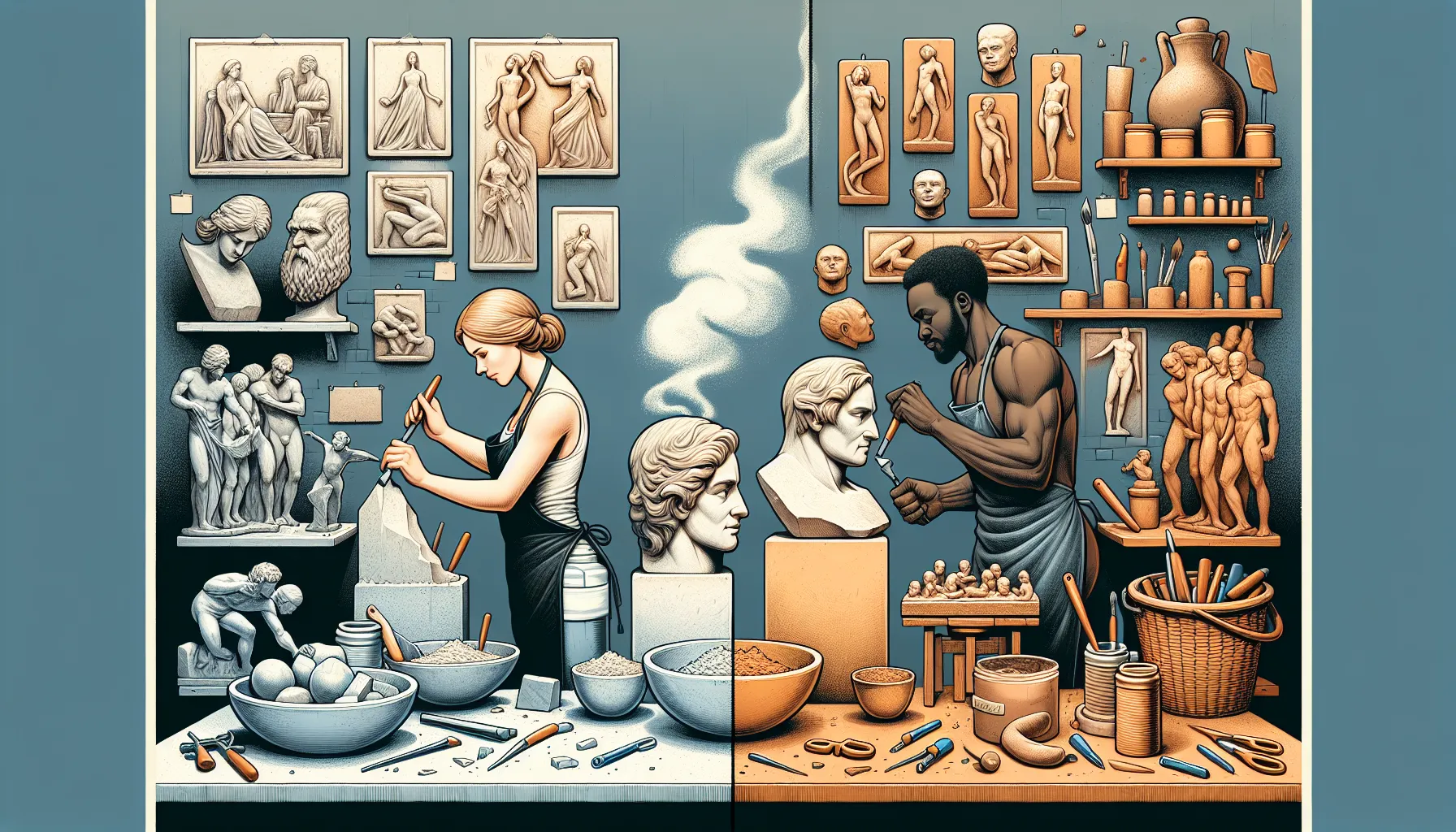 A chisel sculptor and a clay modeler illustrating the contrast between methods.