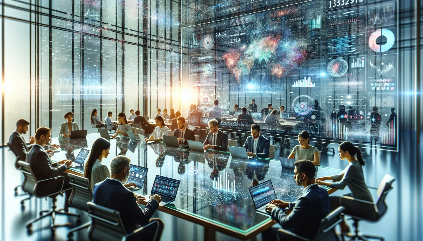 diverse professionals collaborating over analytics in a modern office.