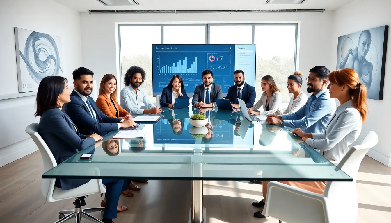 diverse team discussing digital trends in a modern conference room.