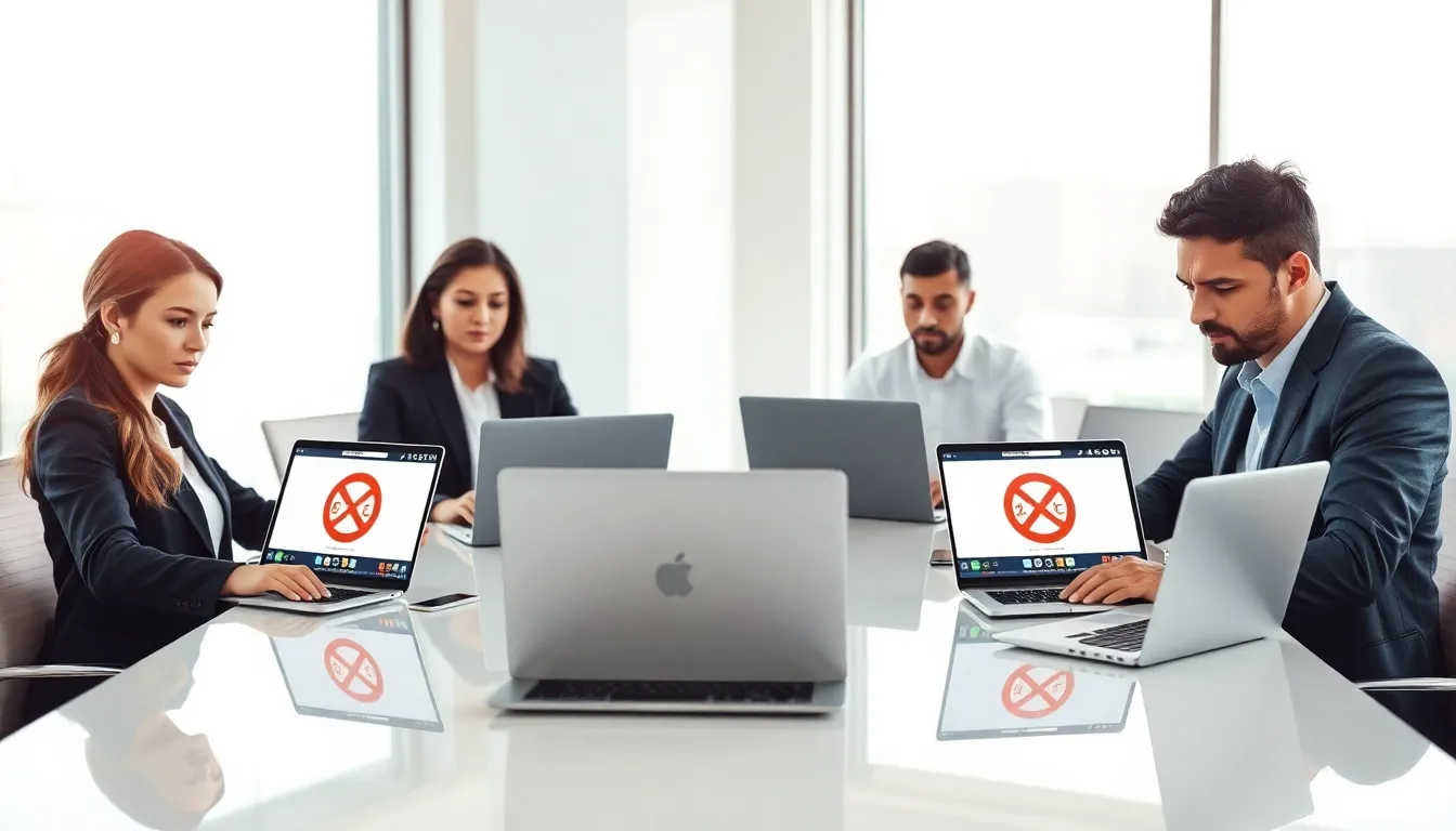 professionals discussing ways to resolve app restrictions in a modern office.