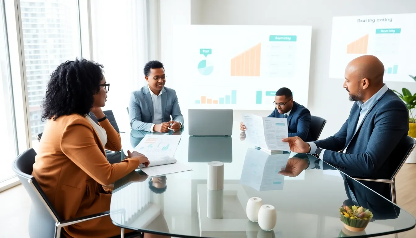 professionals discussing condo ownership vs renting in a modern office.