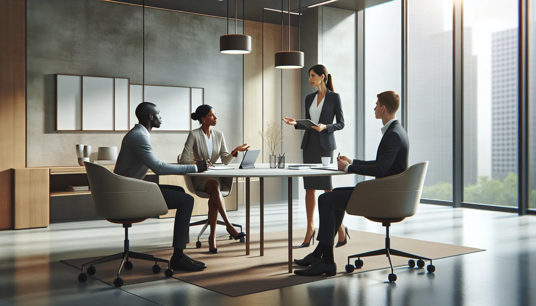 diverse professionals discussing a call in a modern office setting.