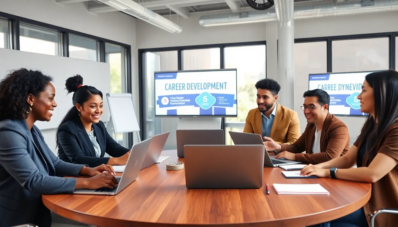 diverse professionals collaborating in a career development workshop.