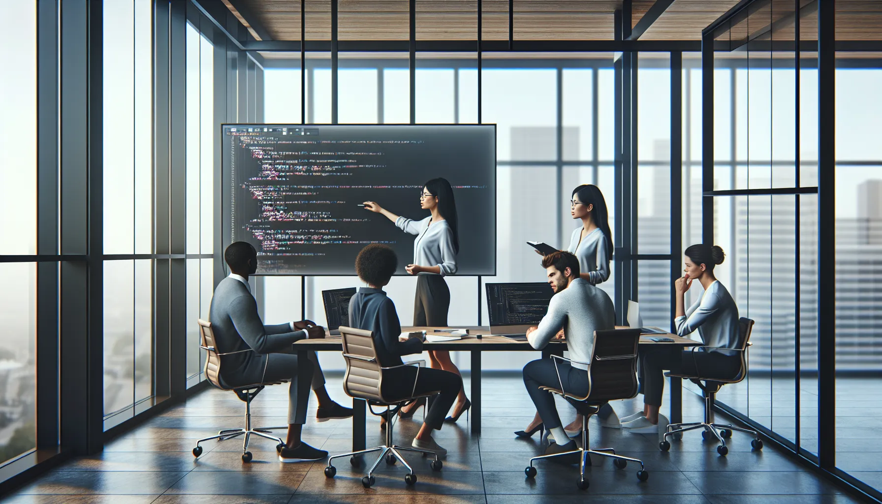 diverse team collaborating on software development in a modern office.