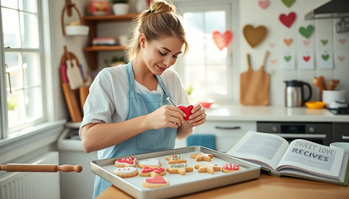 a woman decorating heart-shaped cookies in a sunny kitchen.
