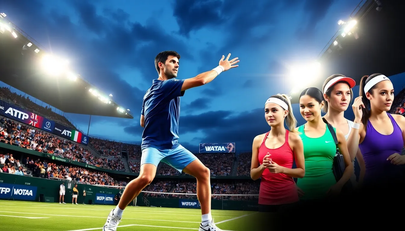 Djokovic serving with rival players in the background at a lively tennis match.