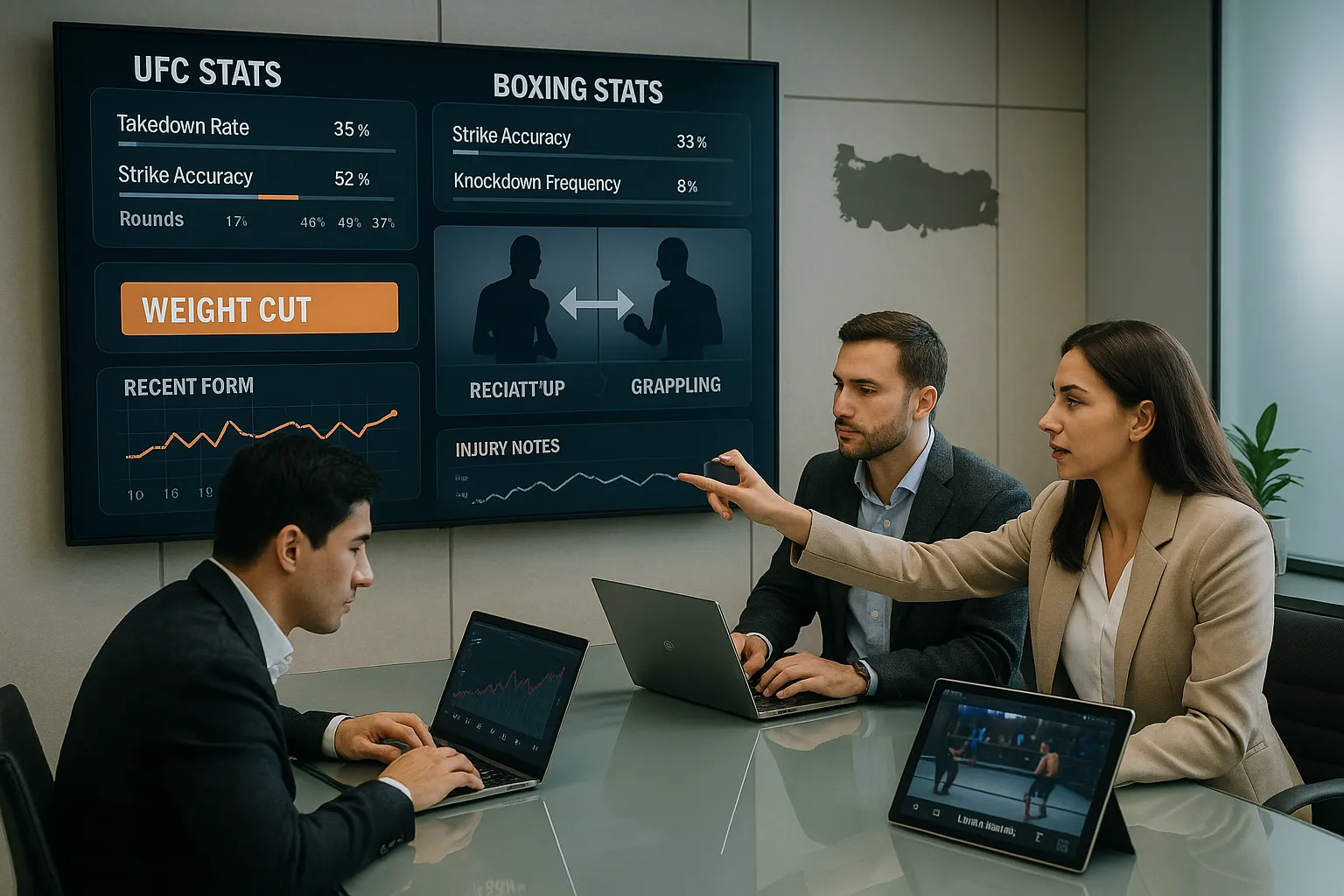 Analysts reviewing UFC and boxing stats dashboards in a modern Turkish office.
