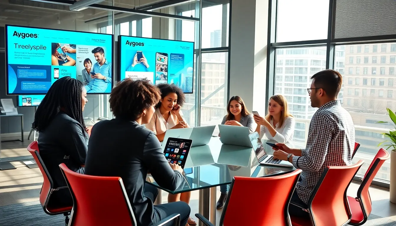 diverse professionals brainstorming mobile phone advertising strategies.