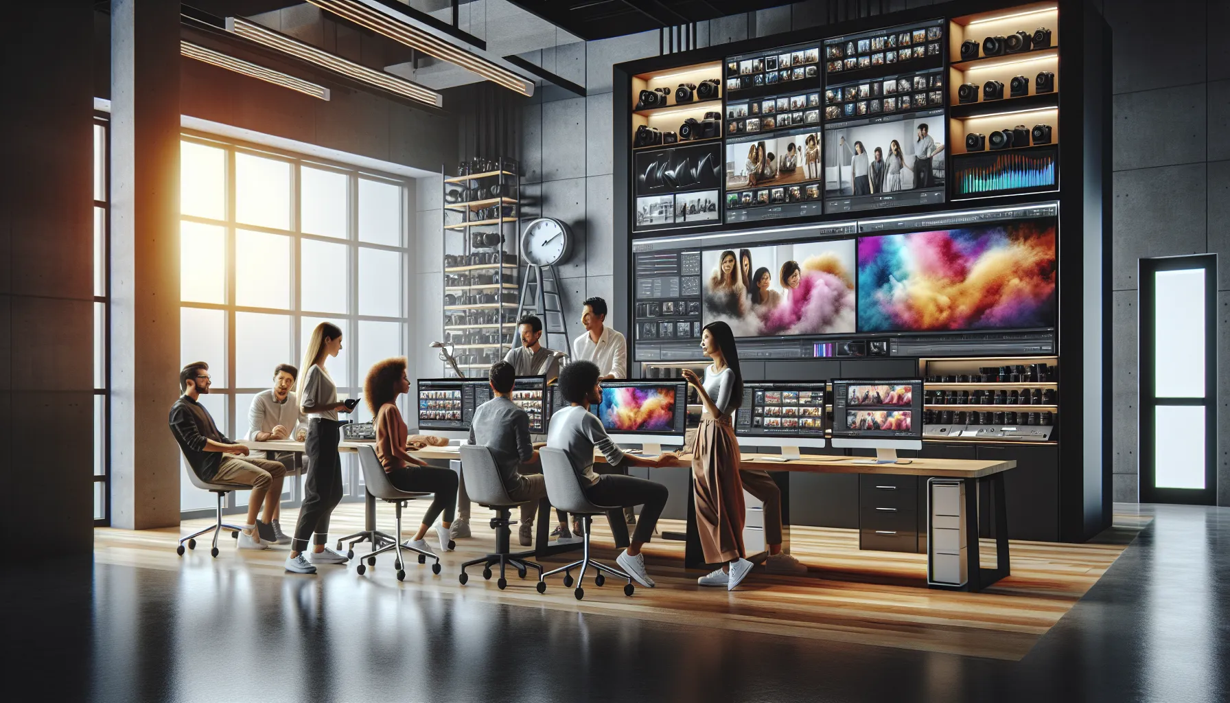 diverse photographers collaborating in a modern studio setting.