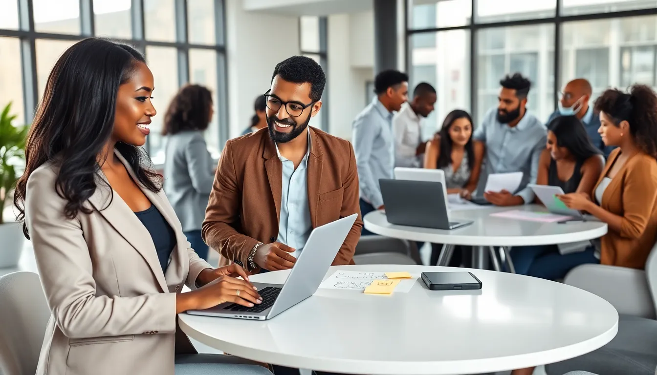 diverse group collaborating in a modern office environment.