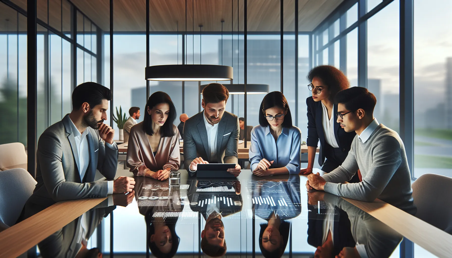 diverse professionals discussing technology in a modern office.