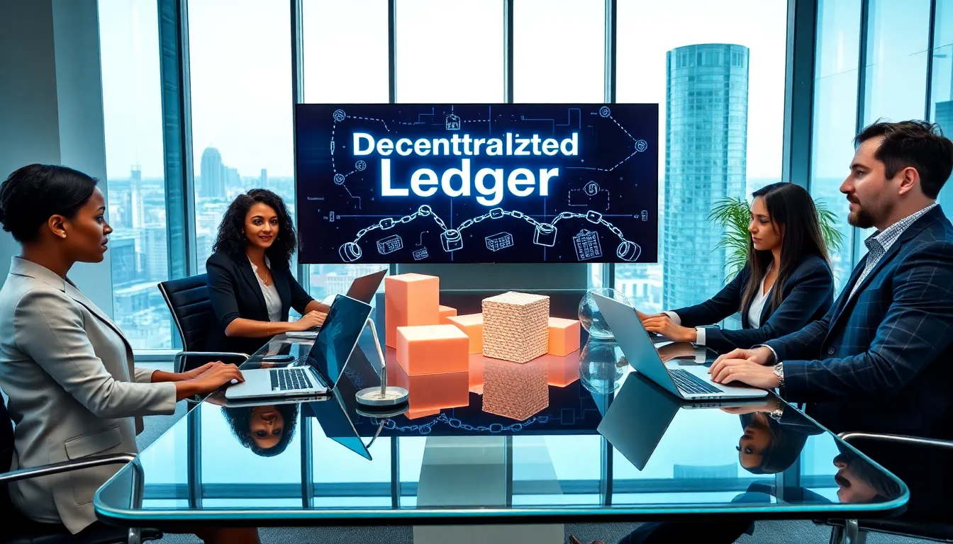 professionals discussing blockchain technology in a modern office.