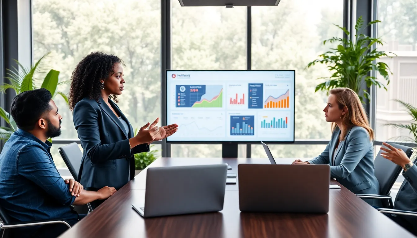 a diverse team discussing a digital platform in a modern office.