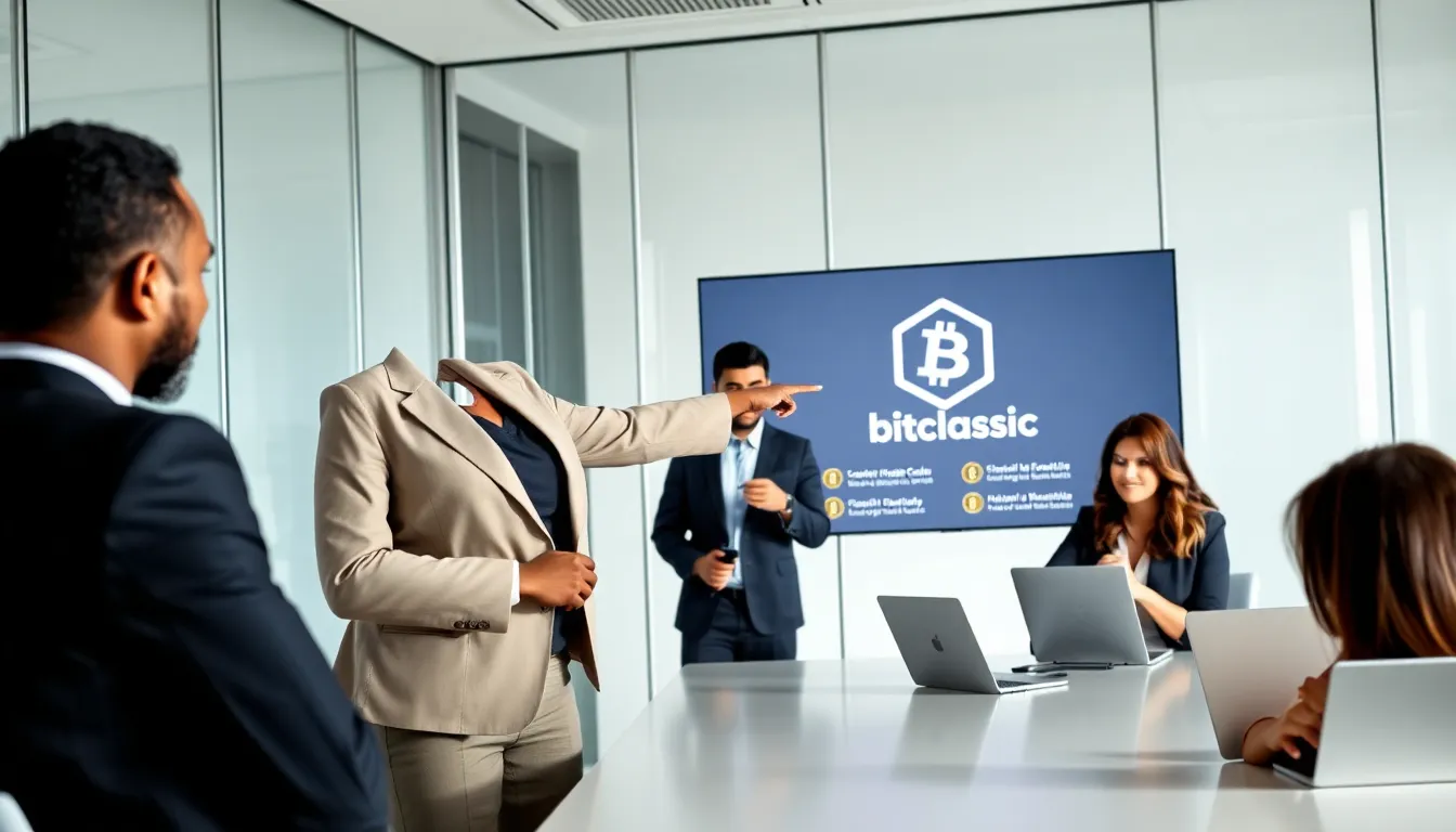 diverse team discussing Bitclassic in a modern office setting.