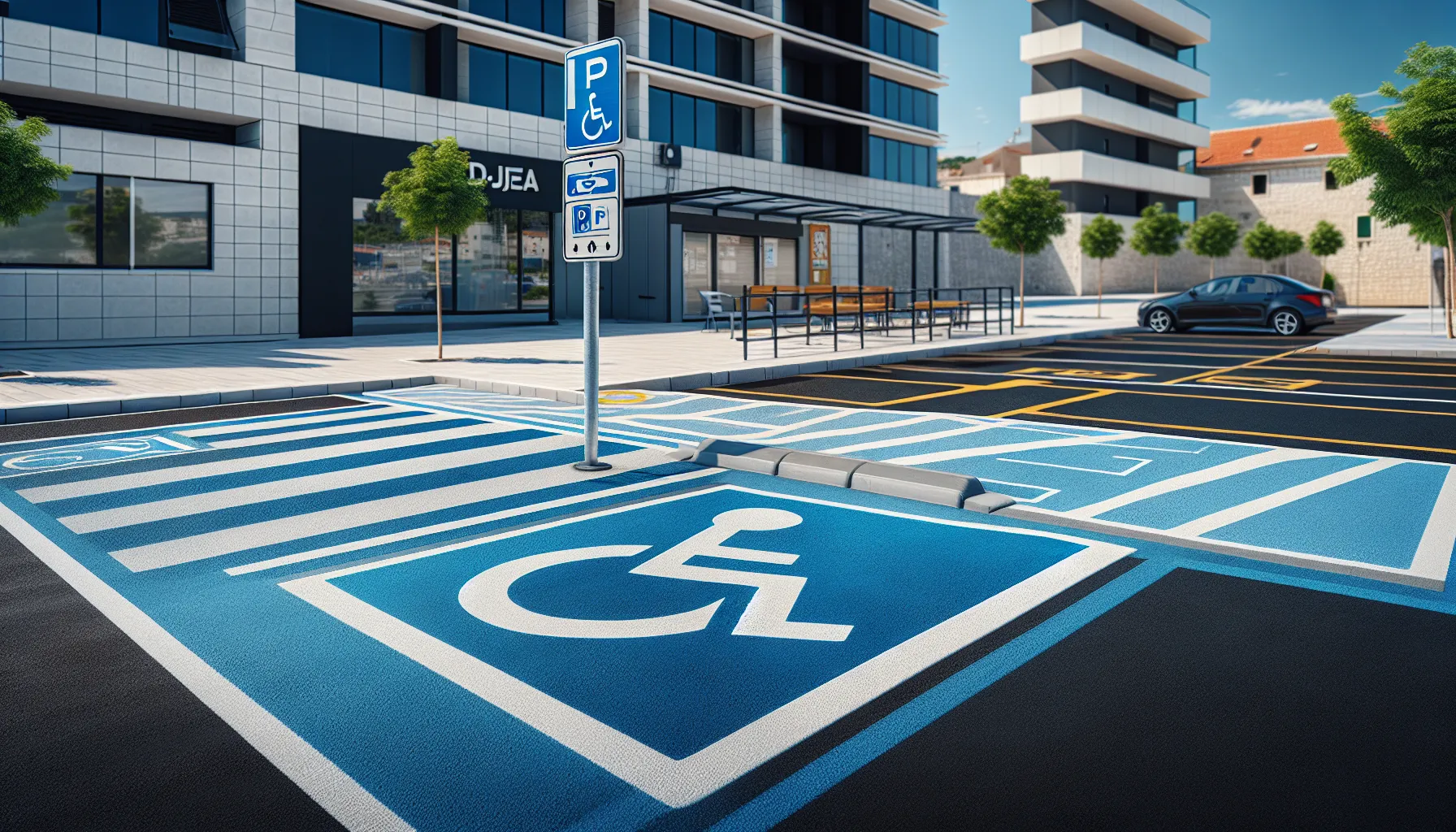 Blue disabled parking sign and wheelchair symbol painted on pavement in Croatia