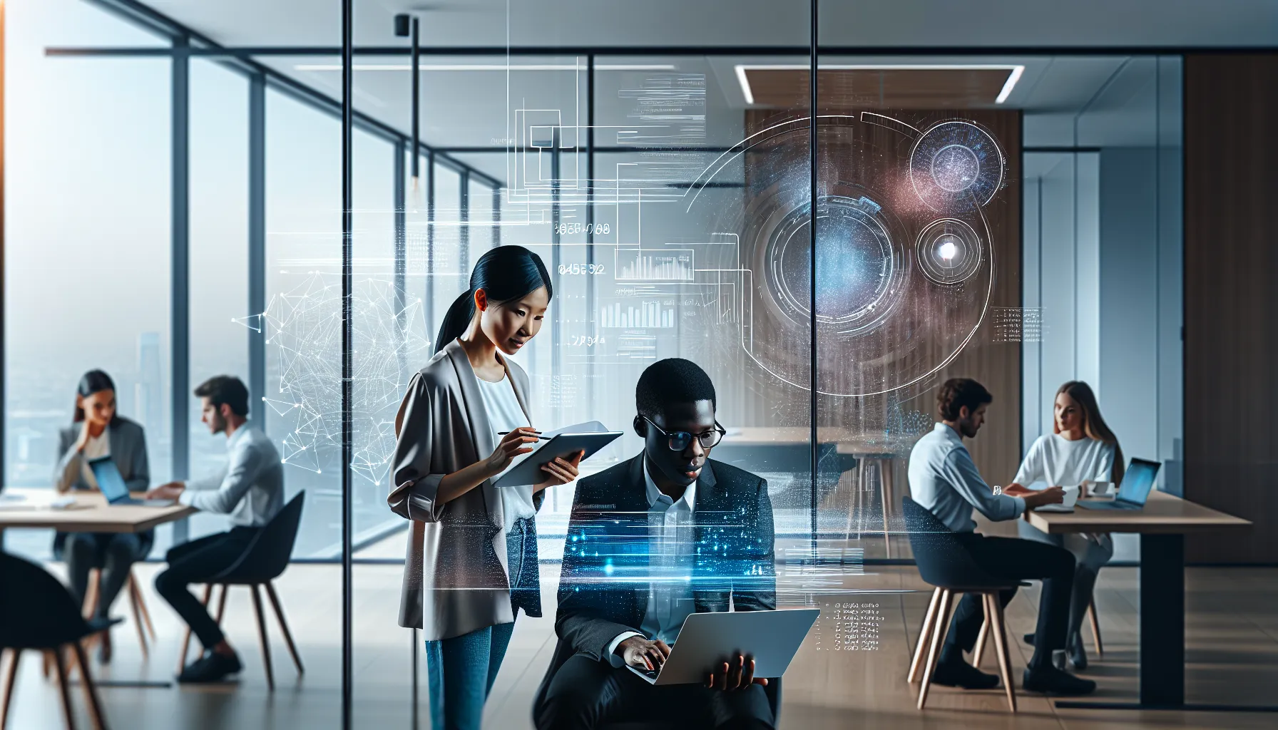 diverse team discussing technology and finance in a modern office.