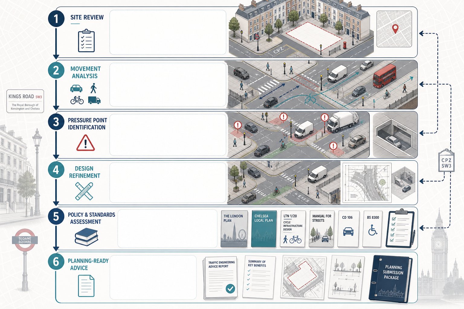 Infographic showing how a traffic engineer in Chelsea assesses and improves developments.