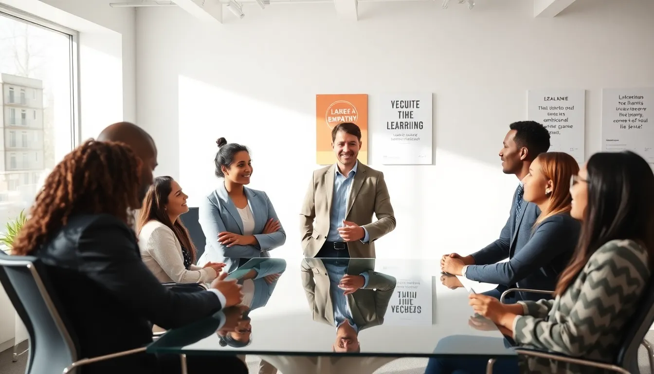 diverse team in a bright conference room discussing leadership lessons.