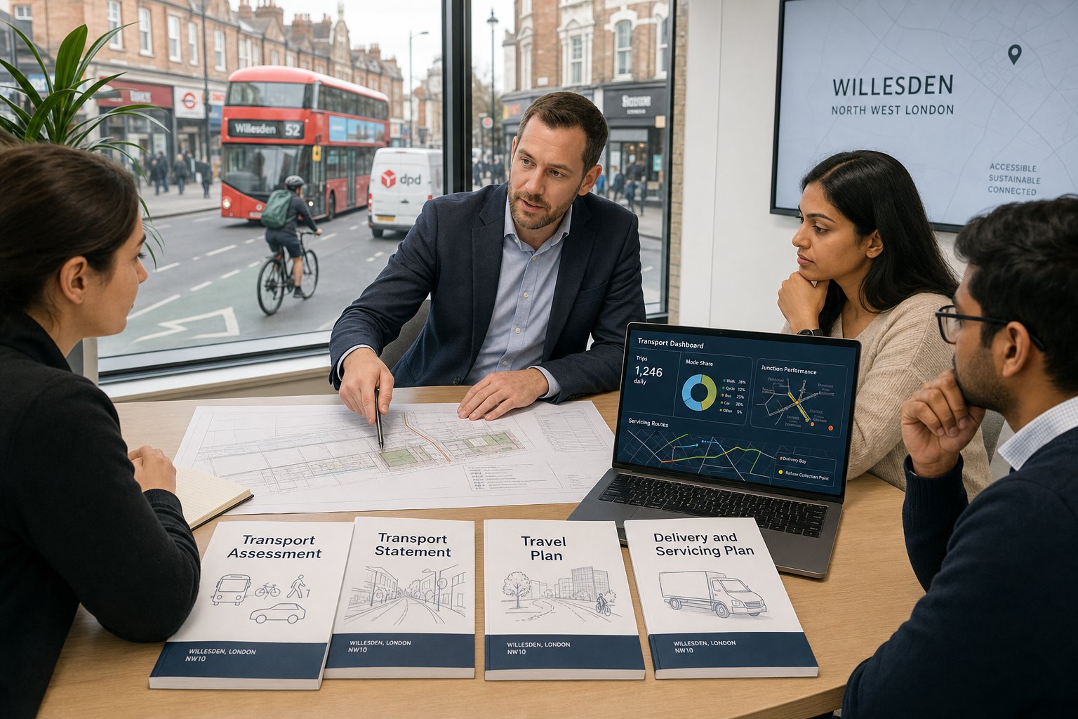 Traffic engineer reviewing transport and servicing plans with a development team.