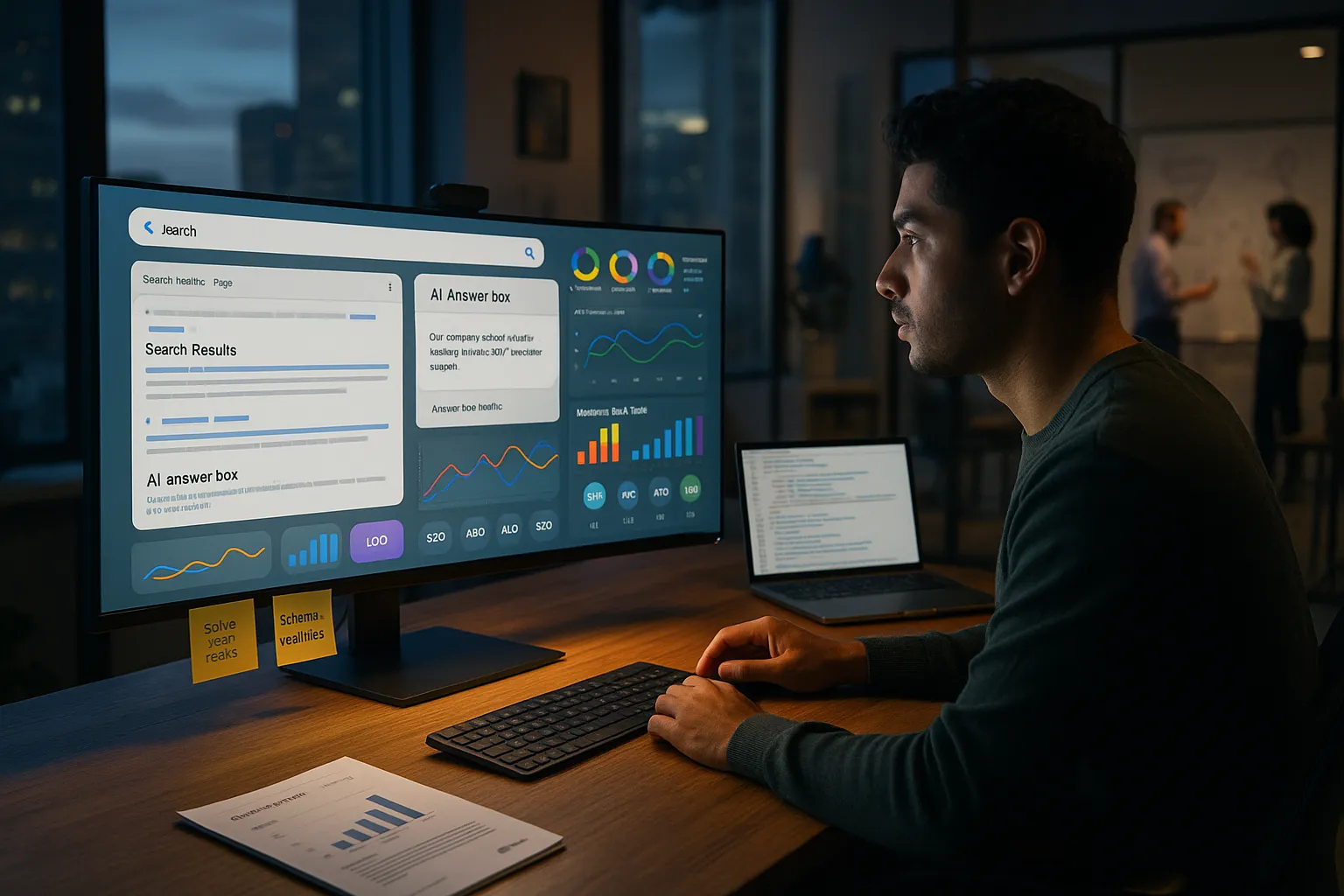 Marketer studies search and AI analytics dashboard showing SEO and AI answer metrics.