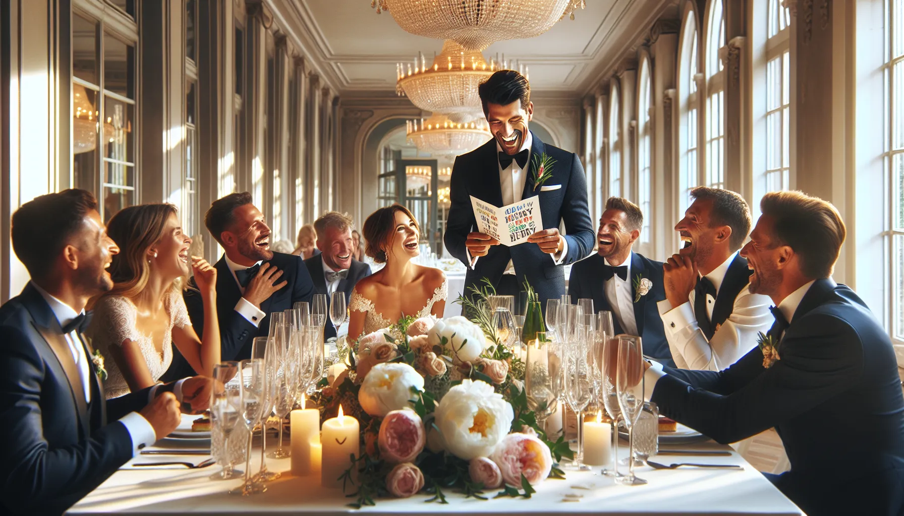 wedding guests laughing as a toast is read at a Croatian wedding reception