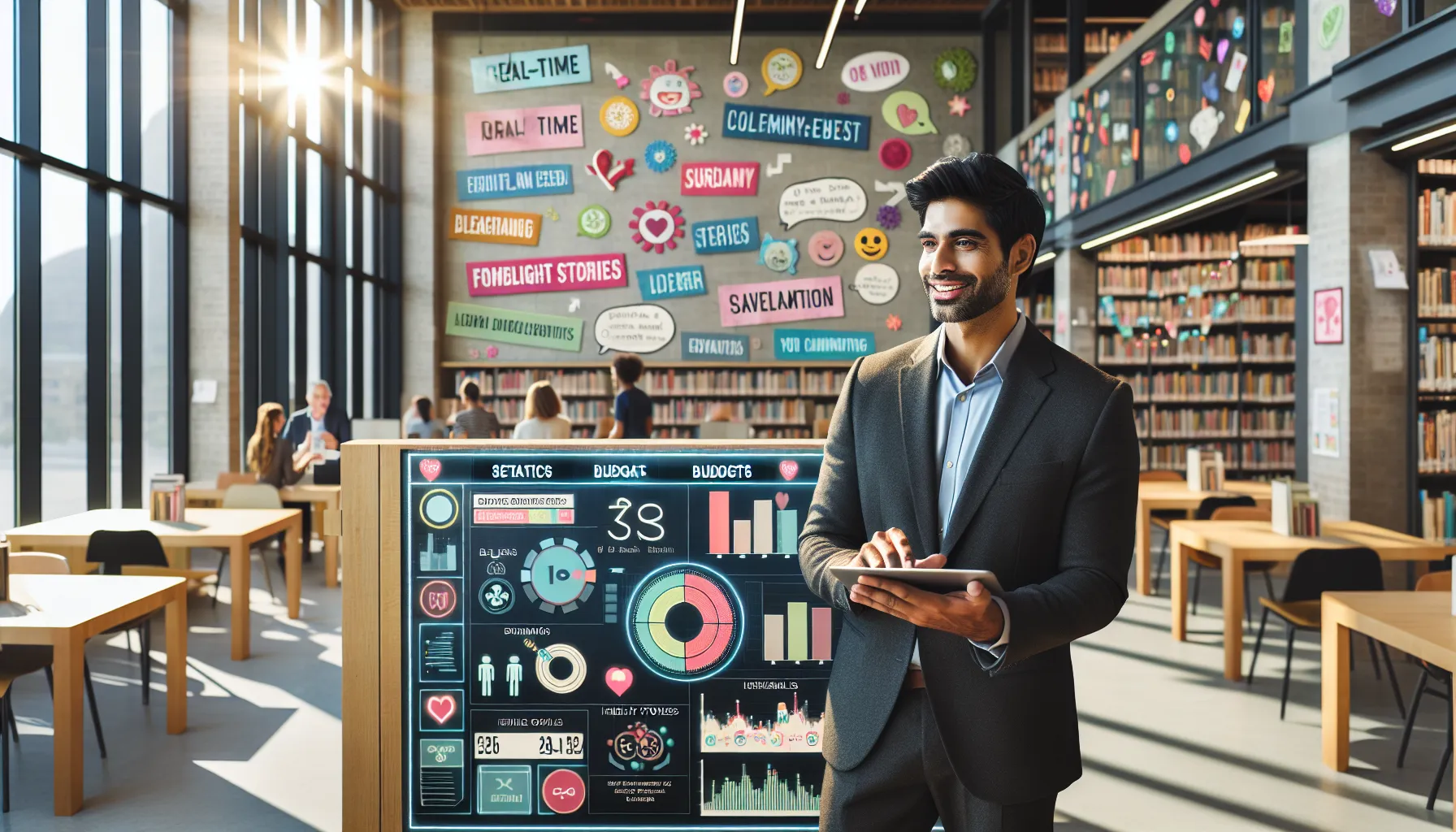 librarian engaging with patrons in a modern library setting.