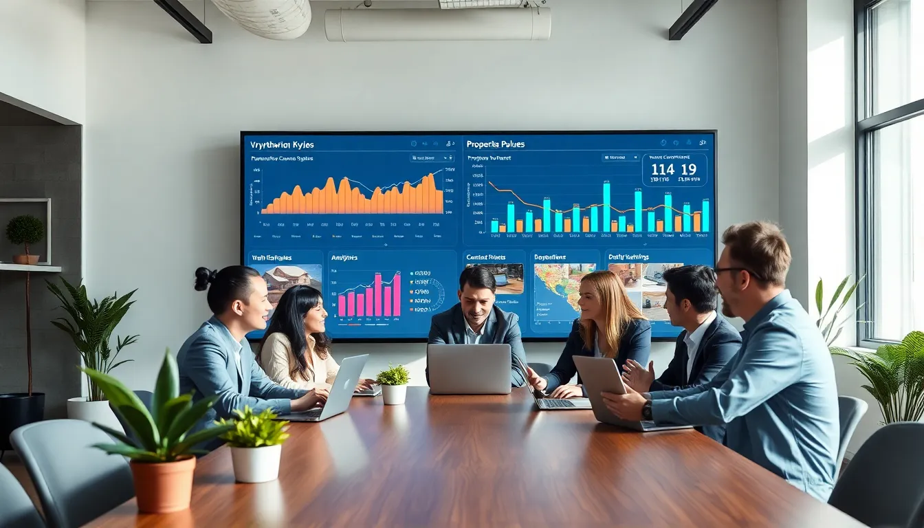 diverse team collaborating on a real estate platform in a modern office.