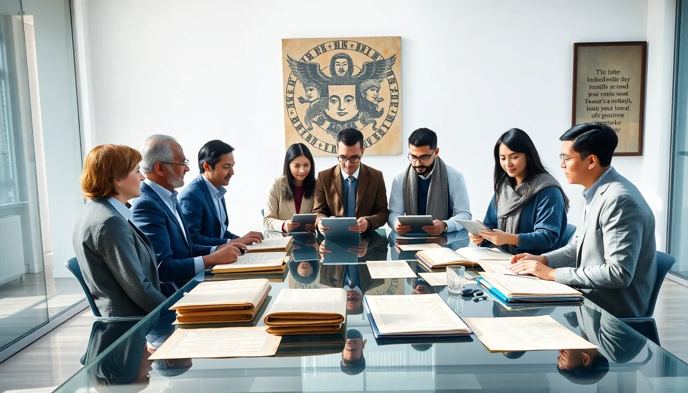 diverse team discussing historical context of Maegeandd in a modern office.