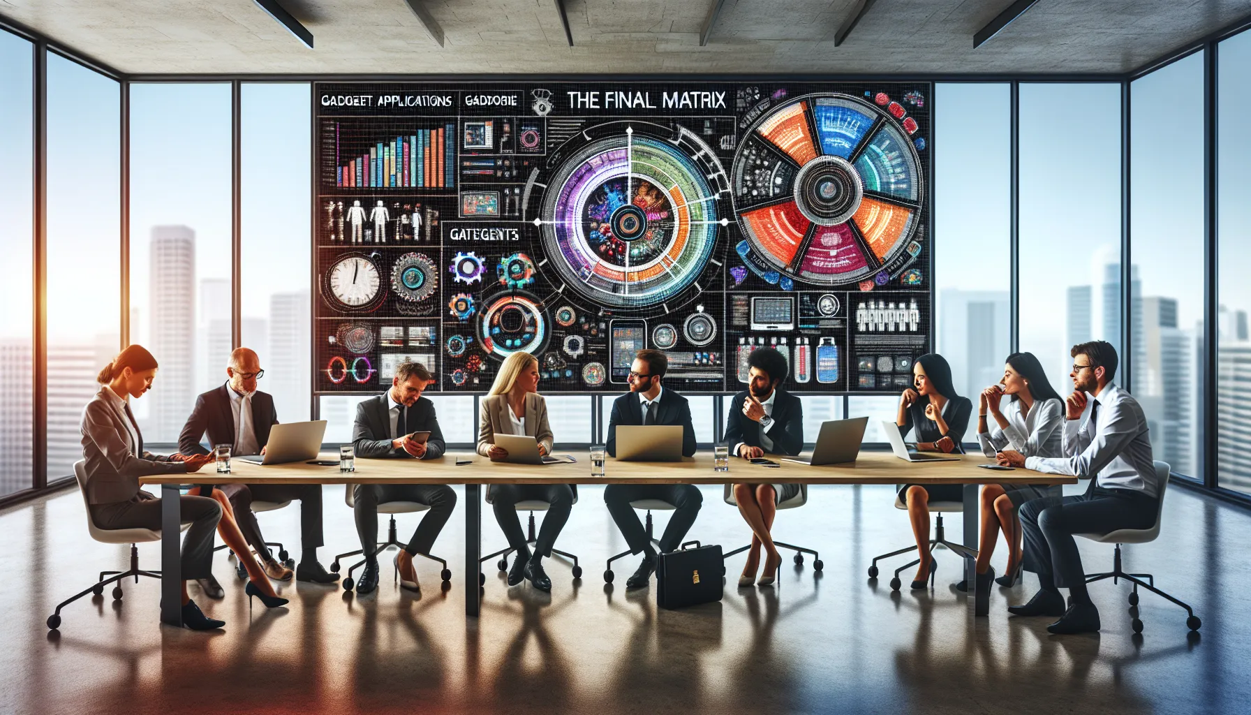 professionals discussing gadget apps in a modern office.