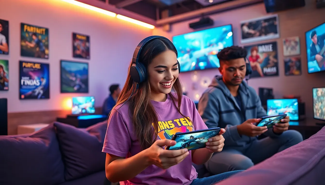 young gamers enjoying ImagineerGames in a colorful gaming lounge.