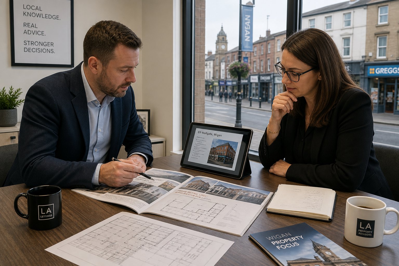 Two professionals reviewing property details and floor plans in a bright office overlooking a Wigan commercial street.