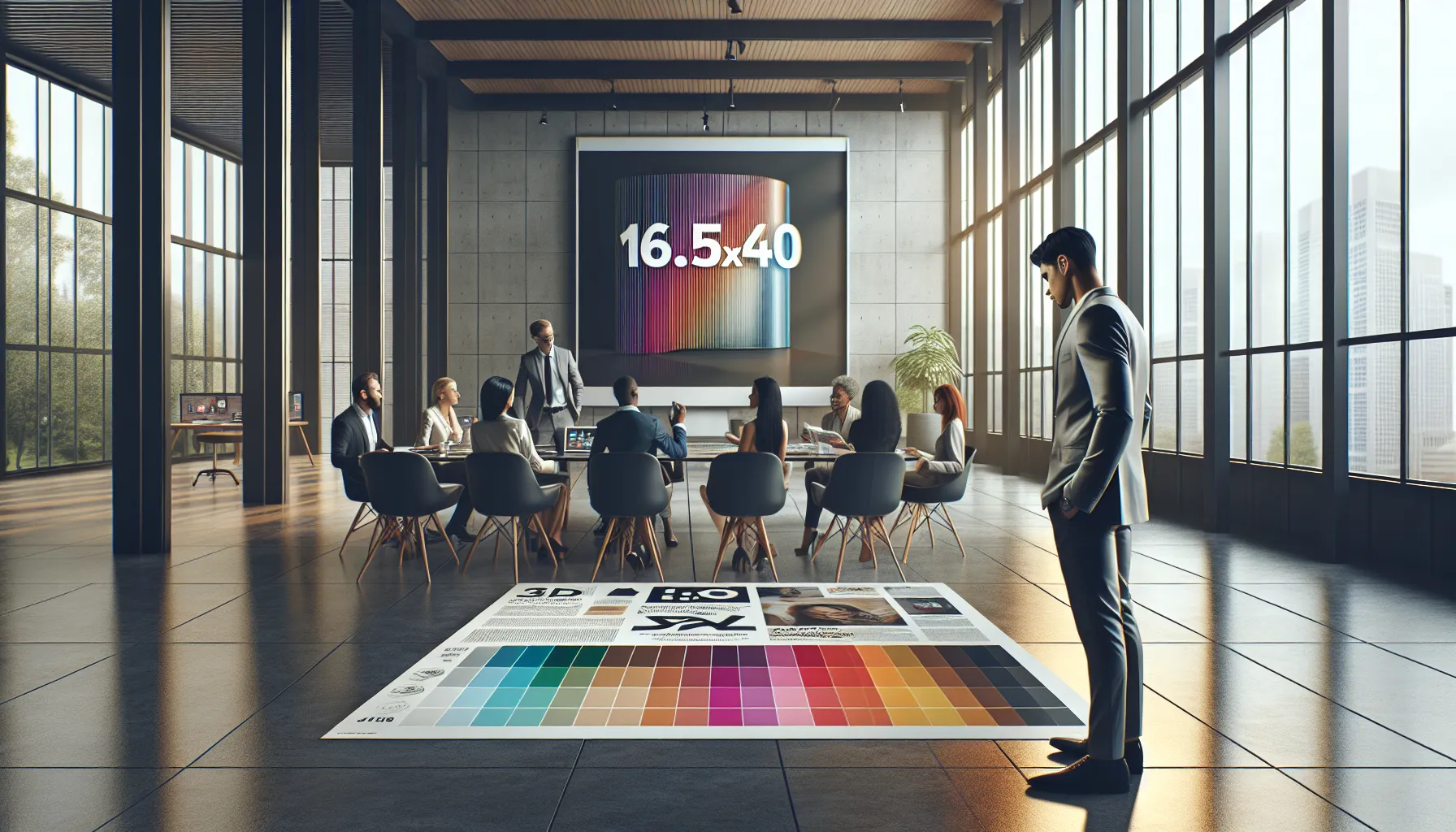 professional workspace showcasing marketing materials in 16.55x40 size.