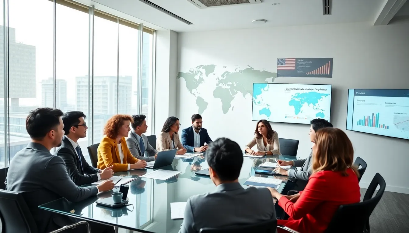 diverse professionals discussing global affairs in a modern conference room.