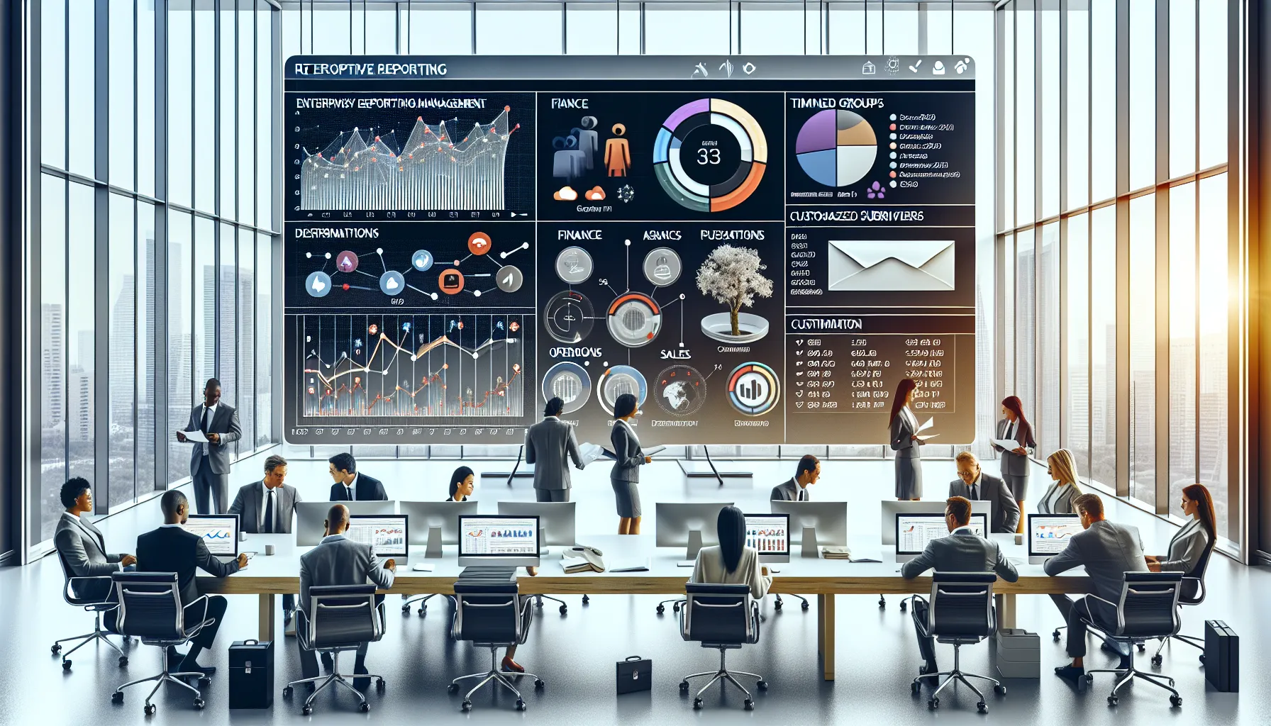 Modern office with team reviewing scheduled Power BI email report subscriptions on screen.