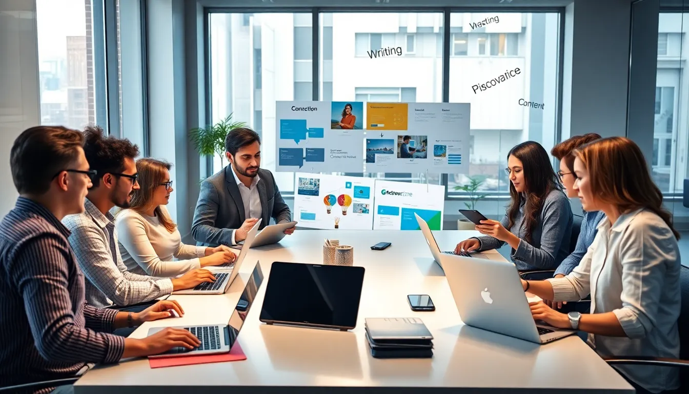diverse team collaborating on content creation in a modern office.