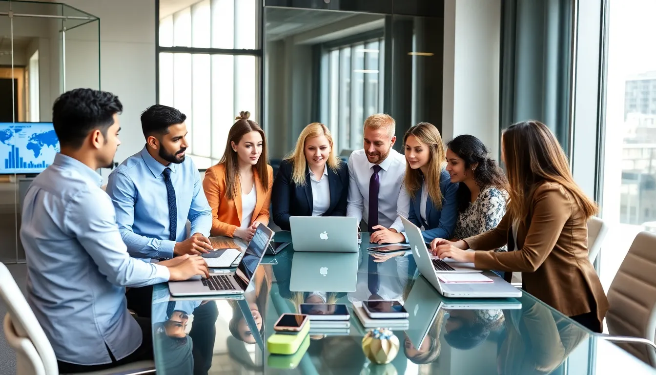 diverse PR team discussing consumer electronics strategies in a modern office.