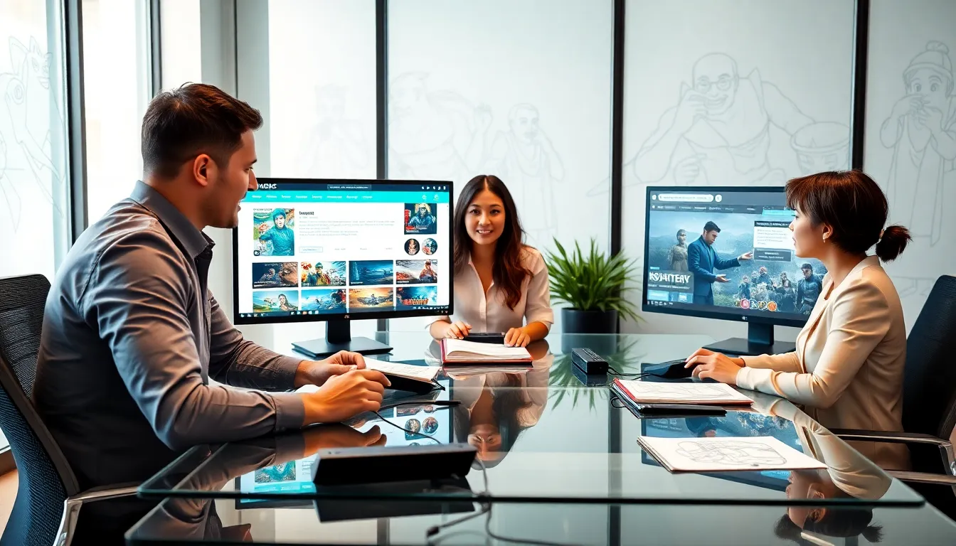 professionals collaborating in a modern gaming workspace.