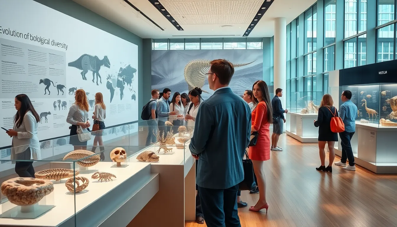 diverse visitors exploring an exhibit in a life science museum.