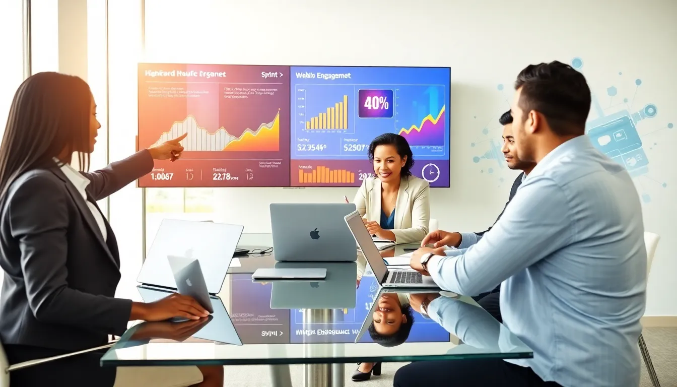 diverse team collaborating in a modern office focusing on digital marketing strategies.