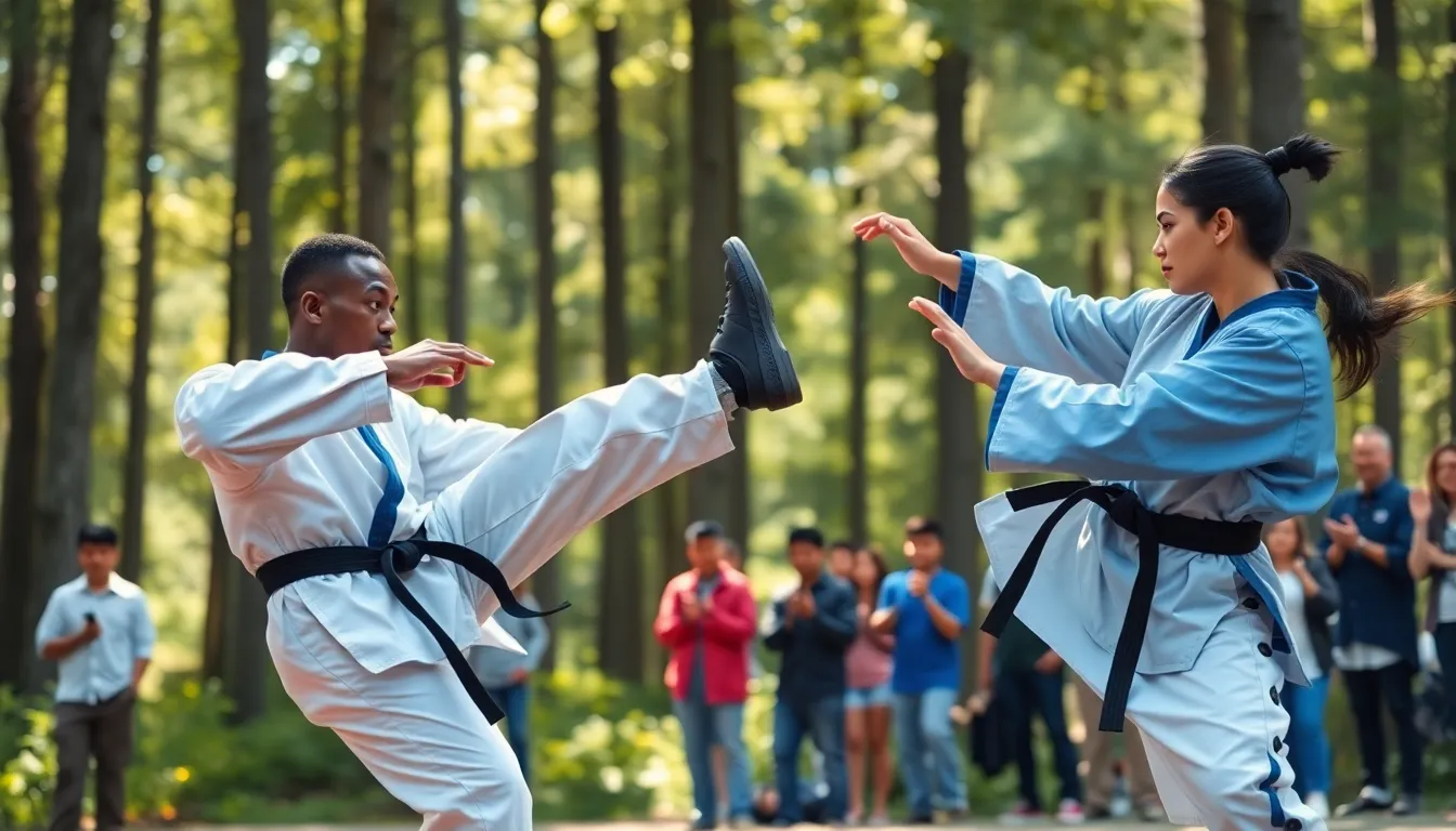two taekwondo athletes competing in a forest setting.